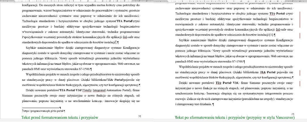 przykład tekstu przed formatowaniem i po formatowaniu oraz dostosowaniu przypisów do stylu Vancouver