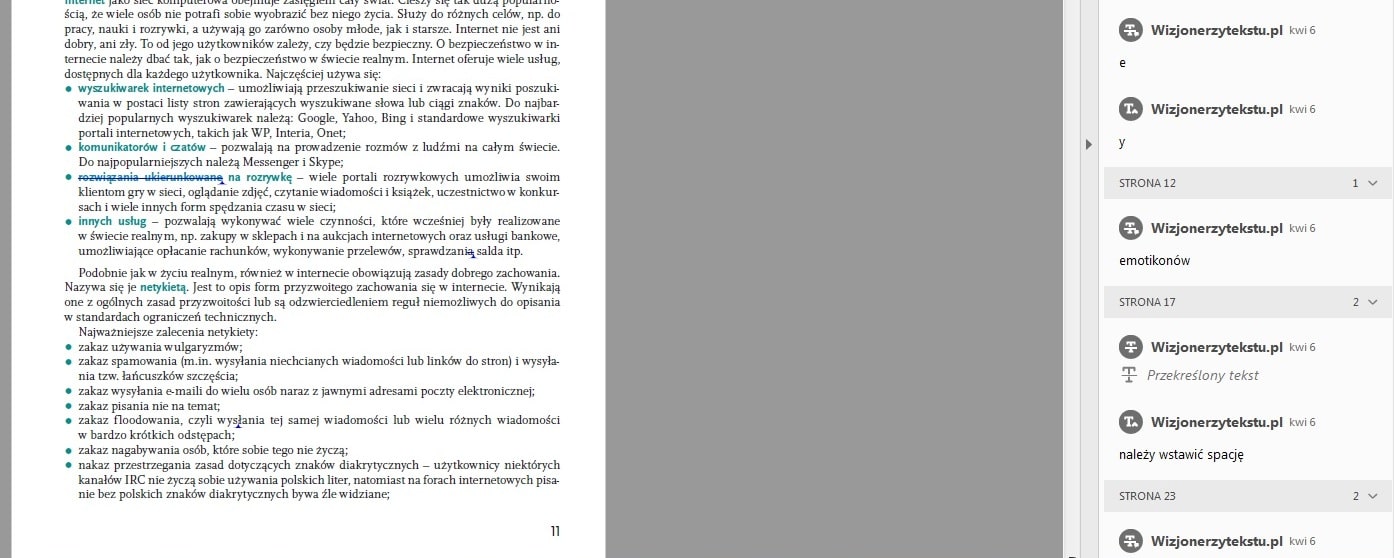 przykład korekty tekstu pliku w programie Adobe Acrobat
