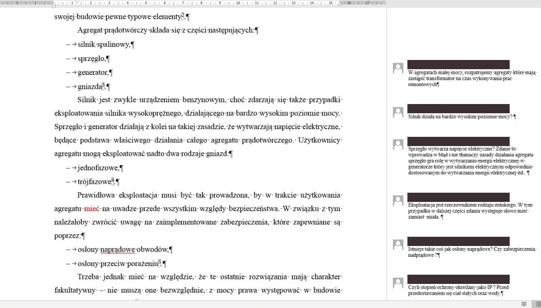 przykładowy fragment tekstu z uwagami promotora do poprawy