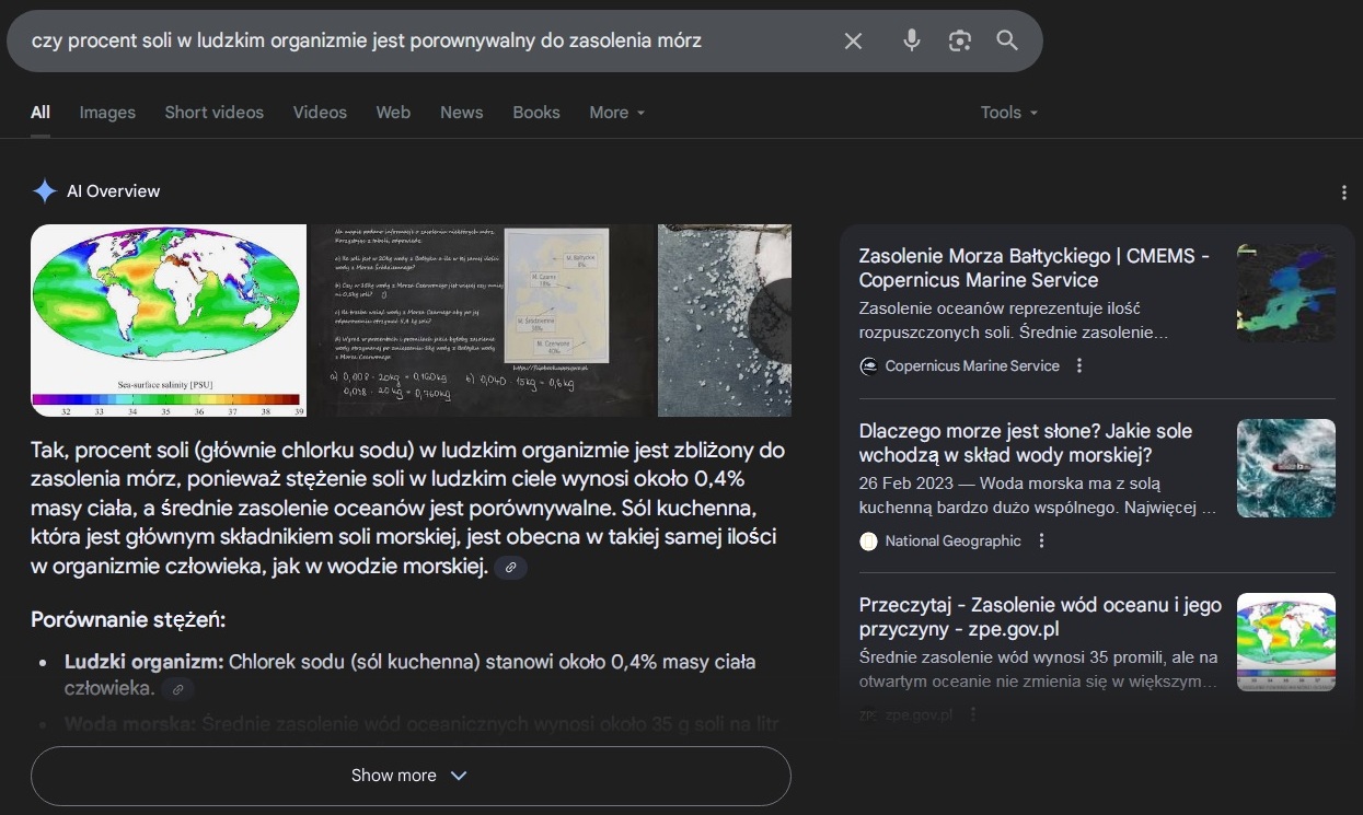 pytanie o poziom zasolenia mórz względem organizmu człowieka