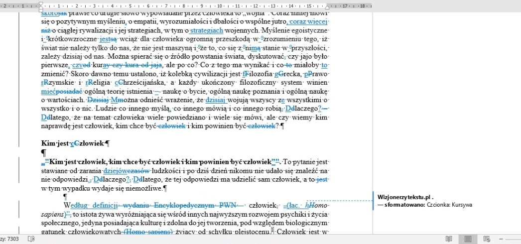 przykład redakcji tekstu pliku w programie MS Word z włączonym trybem śledzenia zmian